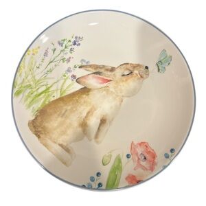 Floral Bunny Print Blue Accent Decorative Plate/Dinner Plate - Cream